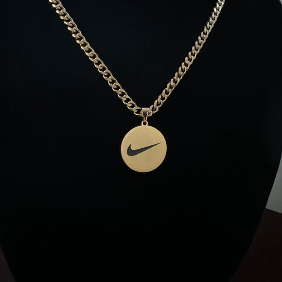 Nike Necklace - Nike Circle Pendant - Gold Plated 5mm Cuban - 22" Chain - Easter - Picture 2 of 3